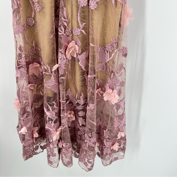 Dress the Population Audrey Dress XS  Pink 3D Floral Lace Plunge Fairycore Midi - Picture 5 of 13